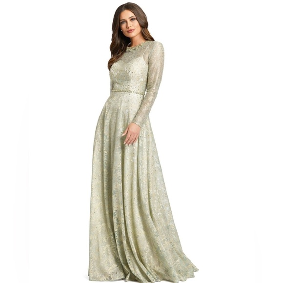 Mac Duggal |  LONG SLEEVE FLORAL LACE GOWN MODEST SAGE GREEN SIZE 6 NEW - Picture 1 of 7